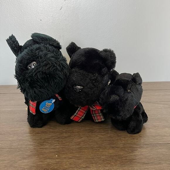 Dakin Scottie‎ Family of 3 Puppy with Red Plaid Bows Plush Vintage - Picture 1 of 6